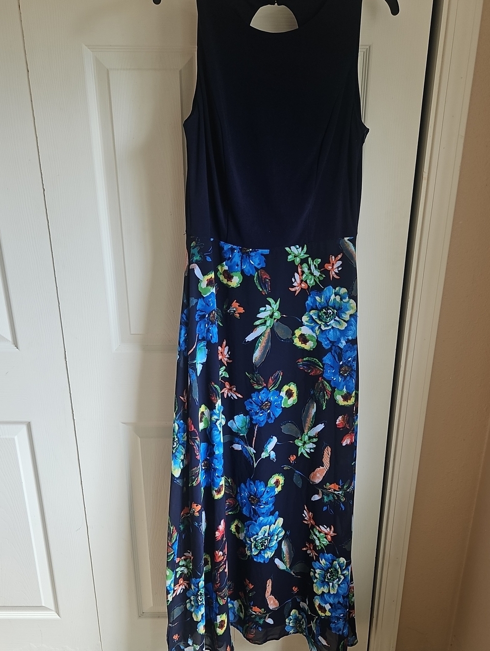 Leslie Fay Navy Maxi Dress with Blue and Green Floral Skirt